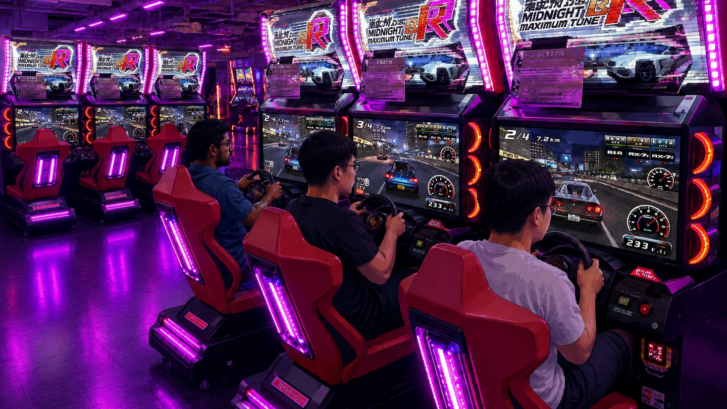 Pixel-art illustration of three players racing side by side in red sit-down driving cabinets at Virtualand, night-time city courses on the screens and purple neon along the arcade floor.
