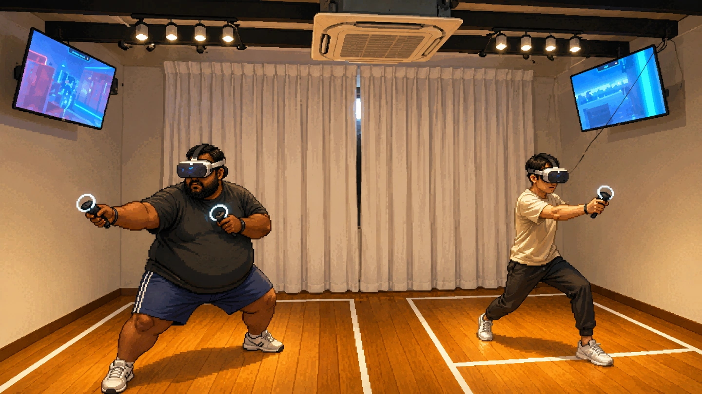 Pixel-art illustration of two players in VR headsets facing off in a marked-out play area at VR World, their games mirrored on wall screens.