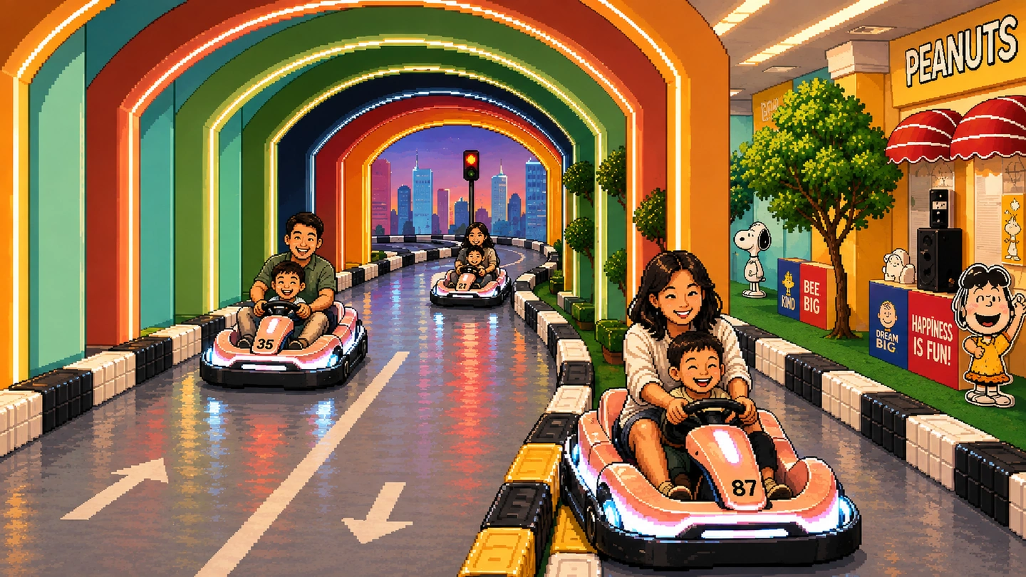 Pixel-art illustration of parents and small children driving numbered electric karts along an indoor road circuit, through a rainbow-lit tunnel past kerbs, a traffic light and a painted city skyline.