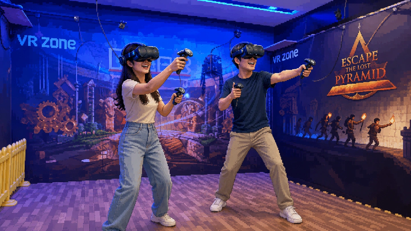Pixel-art illustration of two players in VR headsets aiming their controllers inside the blue-lit VR Zone at The Centrepoint.