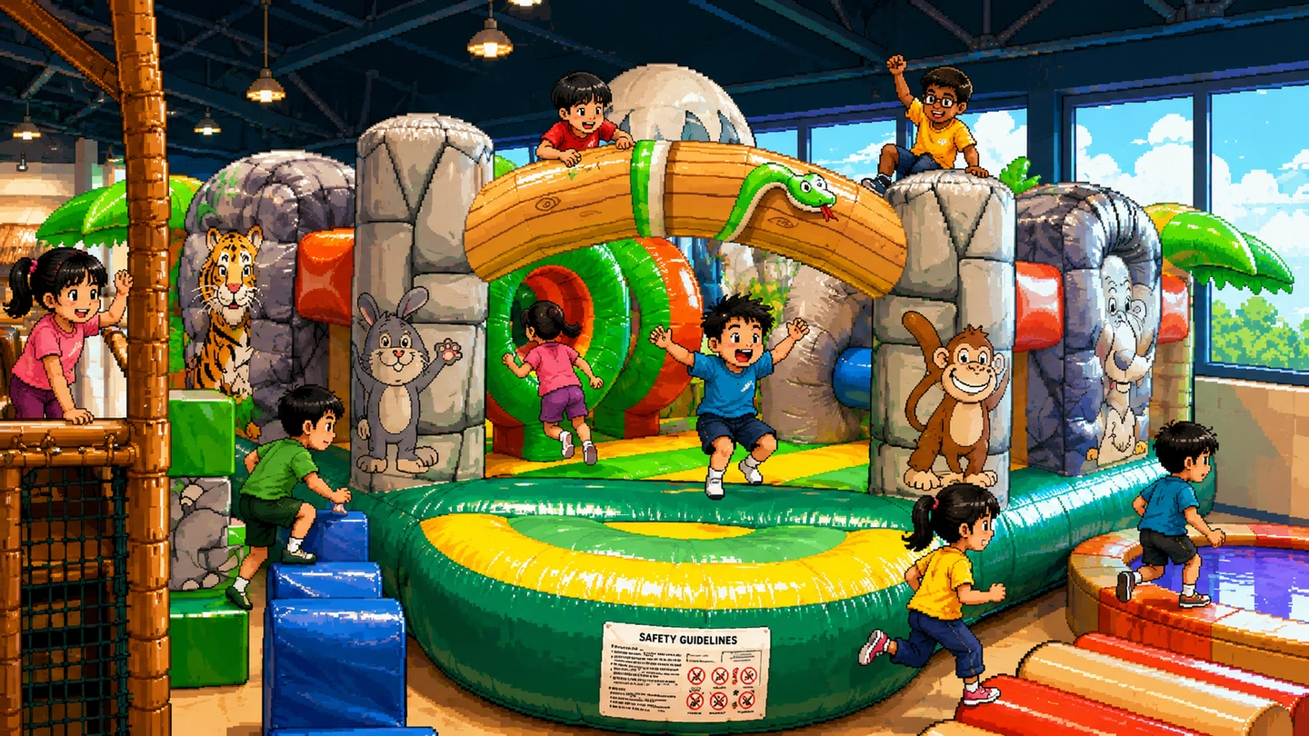 Pixel-art illustration of children bouncing and climbing on a jungle-themed inflatable play structure at Waka Waka, painted animals along its sides and daylight through the windows behind.