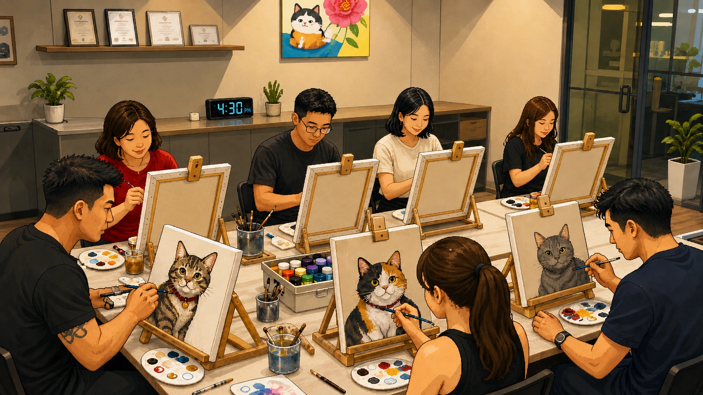 Pixel-art illustration of eight people painting cat portraits at easels around a long studio table, palettes and jars of brushes between them.