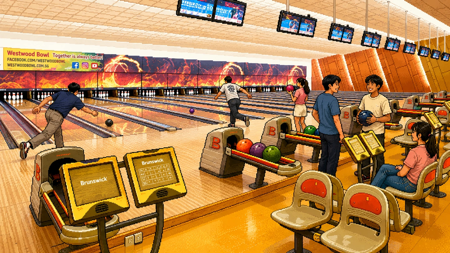 Pixel-art illustration of a busy afternoon at Westwood Bowl in Bukit Batok, two bowlers mid-delivery while friends choose balls and wait at the seating.
