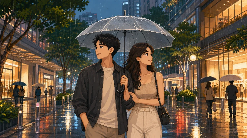 Illustration of a couple sharing a clear umbrella on a wet Singapore street at dusk, lit shopfronts reflecting in the pavement behind them.