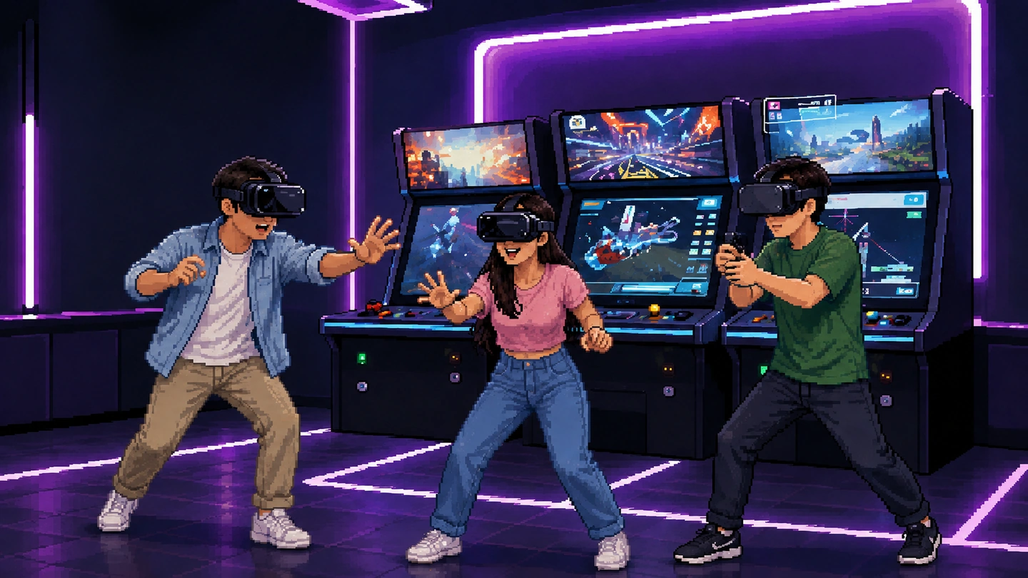 Pixel-art illustration of three players in VR headsets reaching and aiming in front of a row of arcade-style VR cabinets at XRChamber, neon strips tracing the dark walls and floor.