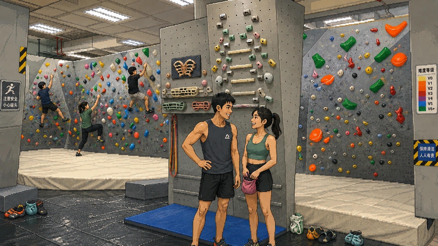 Pixel-art illustration of two climbers talking beside the training board at Z-Vertigo while three others work problems on the grey bouldering walls behind, climbing shoes lined up on the floor.