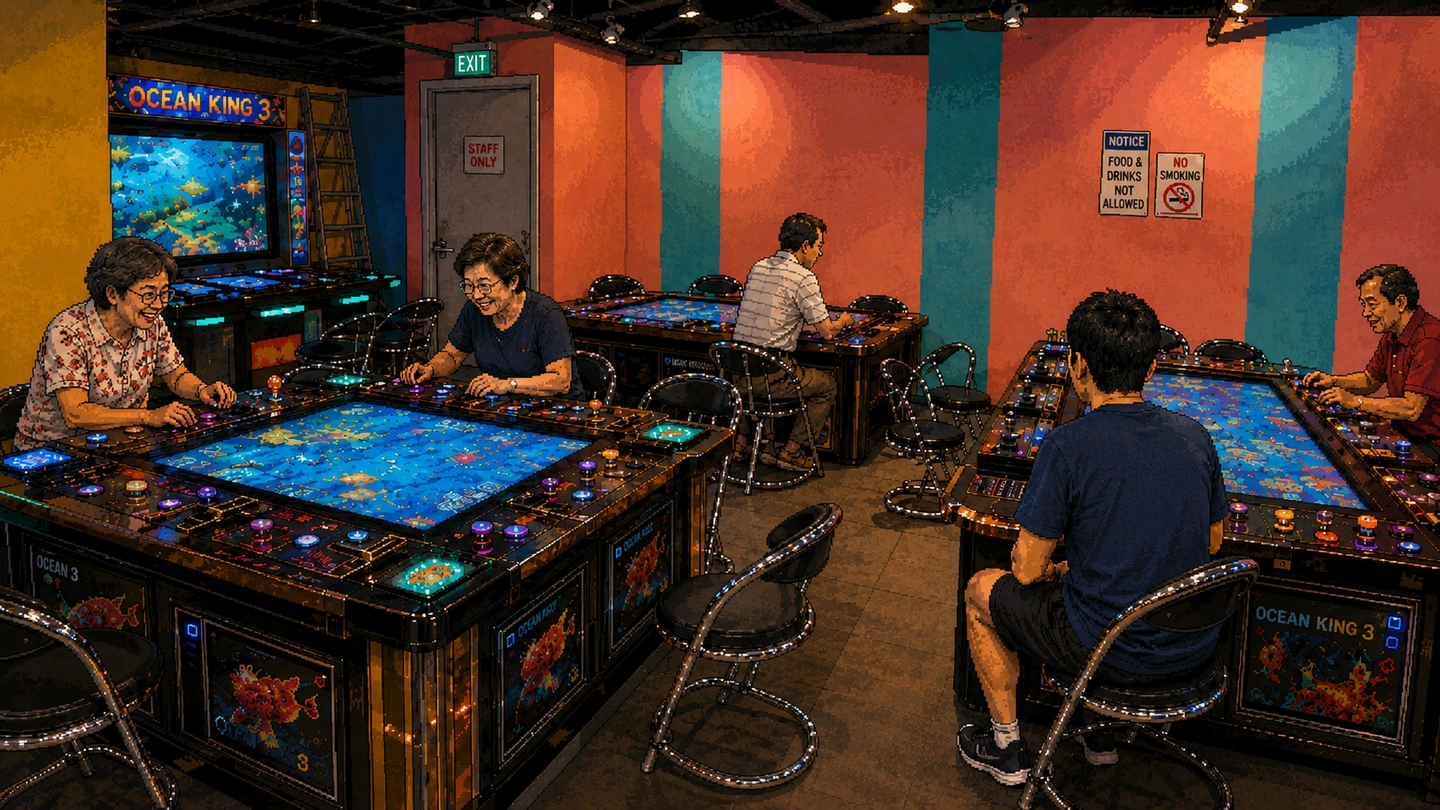 Pixel-art illustration of four people seated around Ocean King 3 fish-hunter tables at Zone X, the lit blue screens set into the tabletops between them.