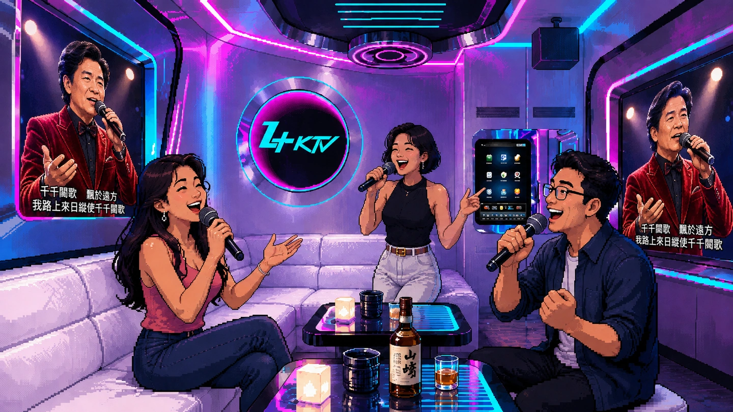 Pixel-art illustration of three friends singing in a neon-lit KTV room at ZPLUS Pacific Plaza, microphones raised, song screens either side and drinks on the table.