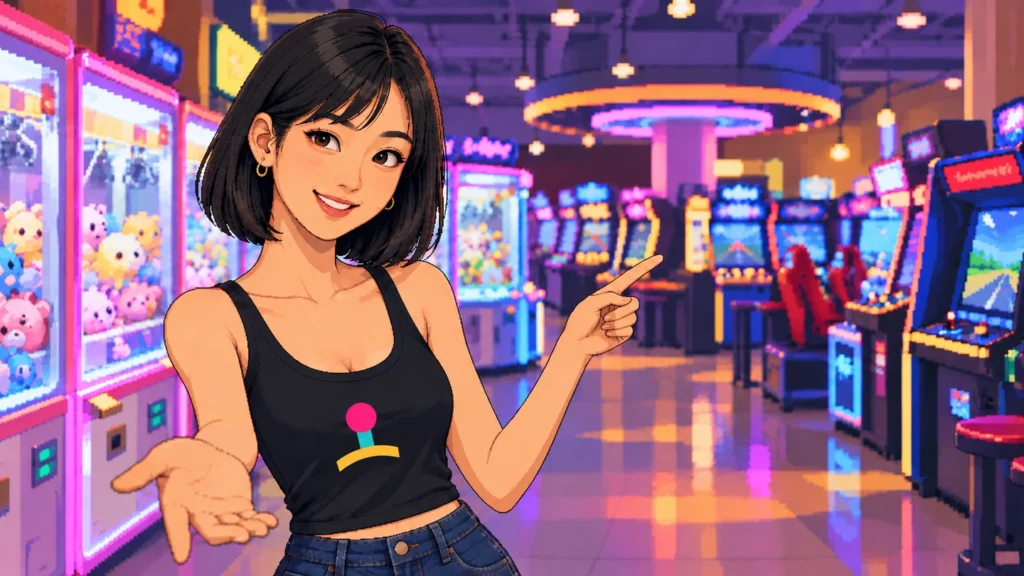 Pixel-art illustration of a woman in a black arcades.SG vest top smiling and gesturing towards a wall of claw machines packed with plush toys, a neon-lit row of arcade cabinets receding behind her.