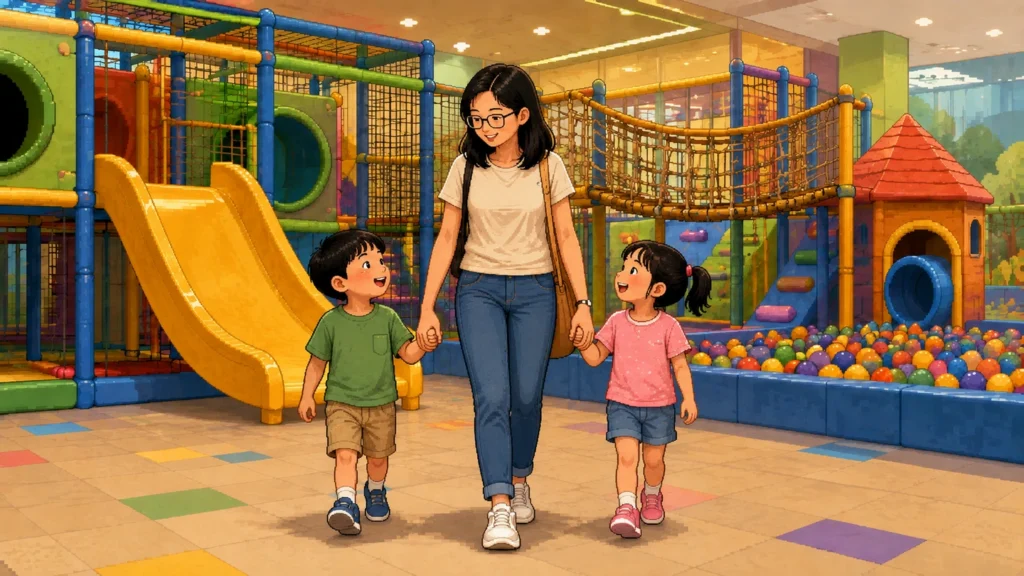 Pixel-art illustration of a woman walking hand in hand with a young boy and girl across an indoor playground floor, a yellow slide, rope bridge and ball pit behind them.