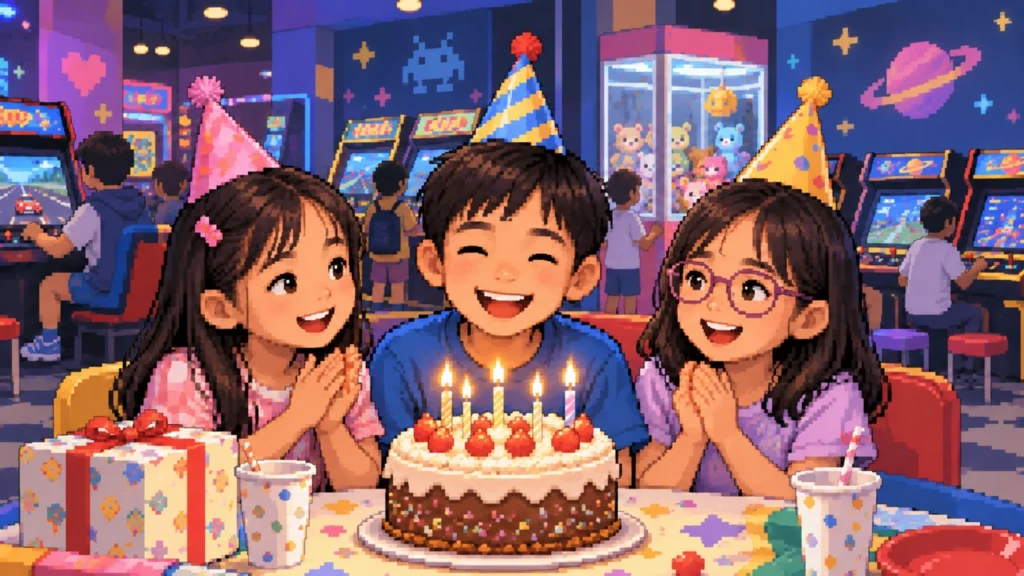 Pixel-art illustration of three children in party hats at an arcade table, leaning in over a birthday cake with five lit candles, a wrapped present and paper cups beside it and a claw machine behind them.