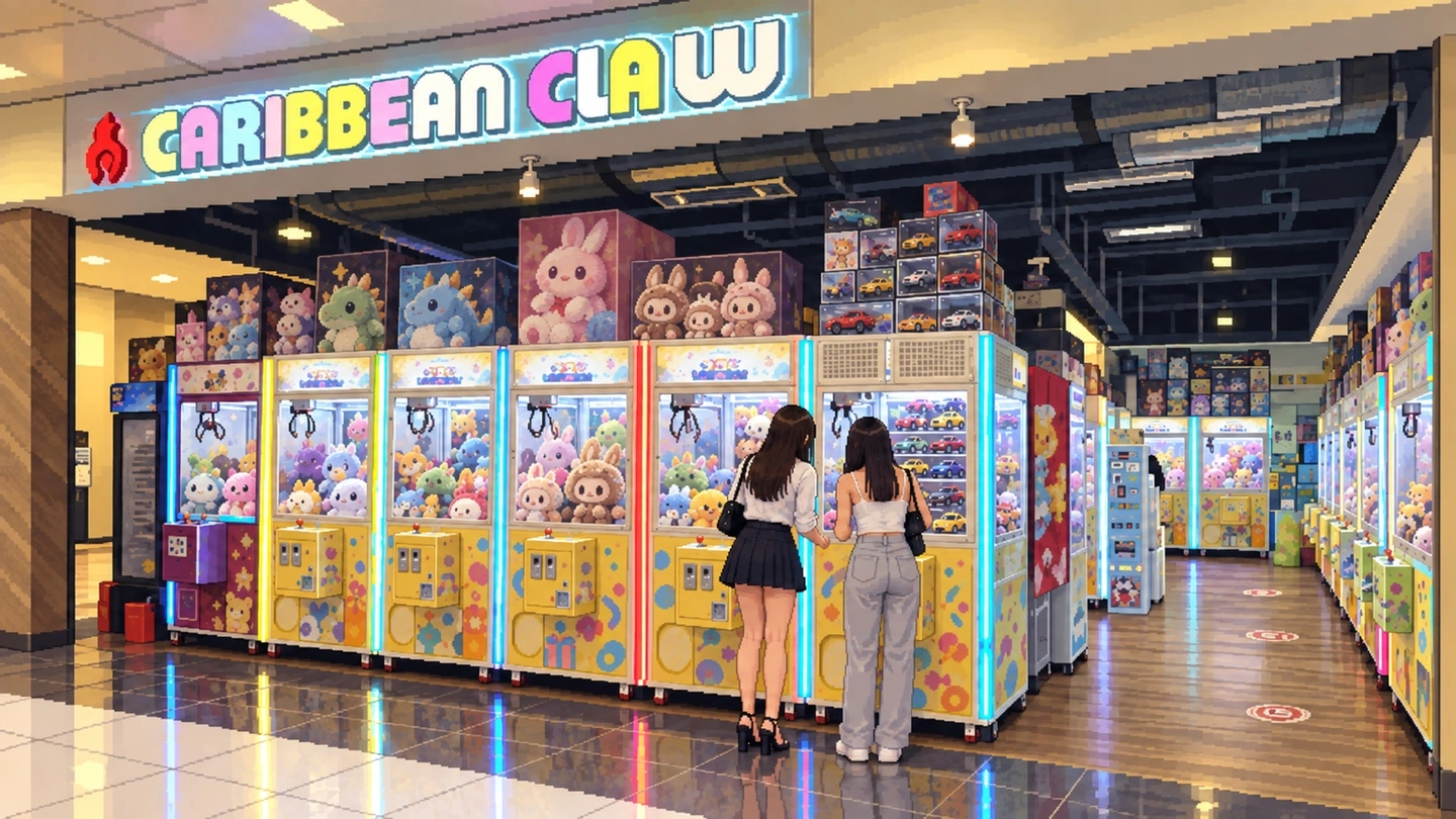 Pixel-art illustration of two women at a row of yellow claw cabinets under a pastel Caribbean Claw sign, plush stacked on top of the machines and boxed model cars in the cases beside them.