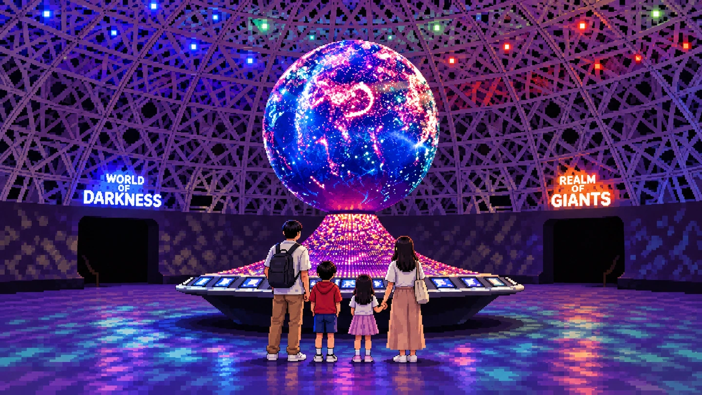 Pixel-art illustration of a family of four holding hands beneath a giant glowing LED globe in a domed hall, with doorways marked World of Darkness and Realm of Giants on either side.