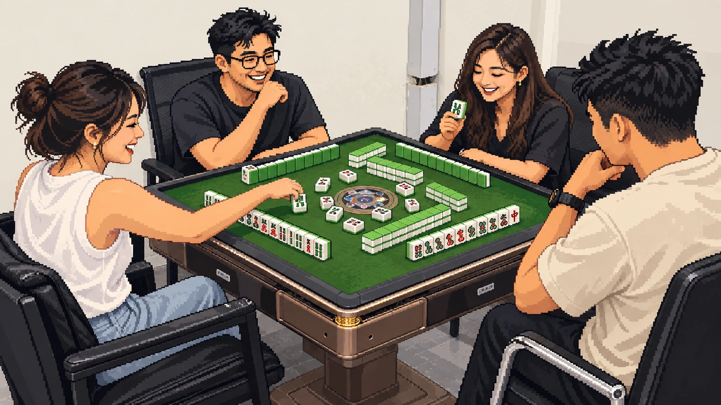 Pixel-art illustration of four friends laughing around an automatic mahjong table, tiles laid out in walls on the green felt as one reaches in to discard.