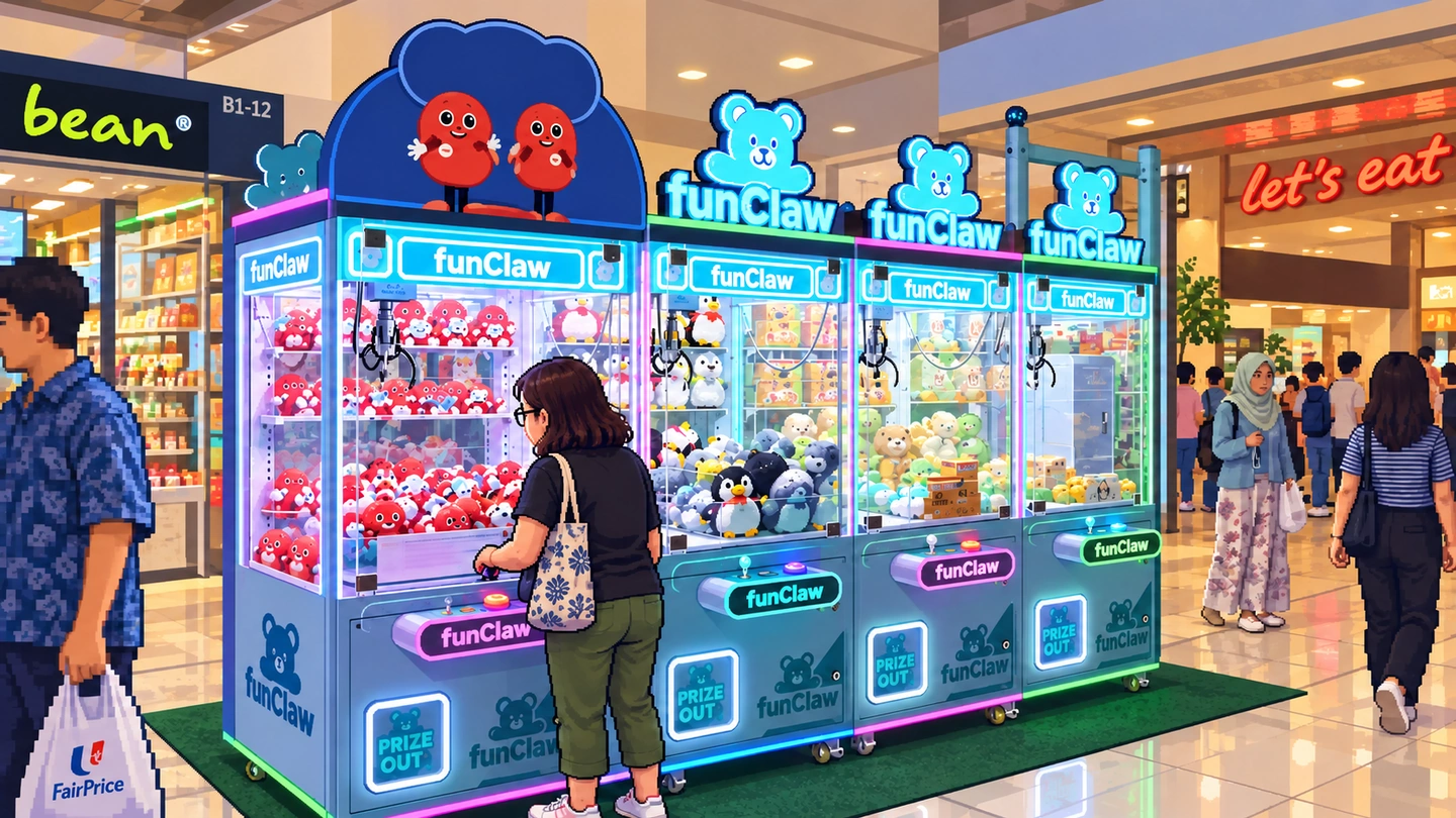 Pixel-art illustration of a woman working the joystick of a Fun Claw cabinet in a mall walkway, four machines lit in a row beside her and shoppers passing behind.