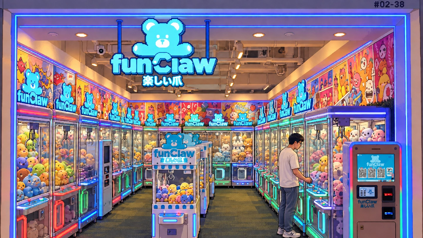 Pixel-art illustration of a man at a claw machine in a narrow Fun Claw shop, cabinets packed with pastel plush down both walls and the lit bear sign over the entrance.