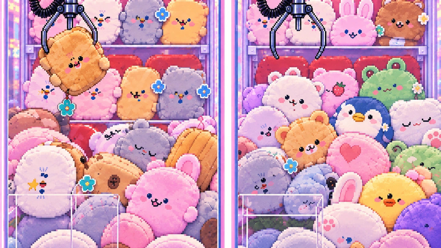Pixel-art illustration through the glass of two claw machines banked with round pastel plush animals, the claw in the left cabinet holding a bear above the pile.