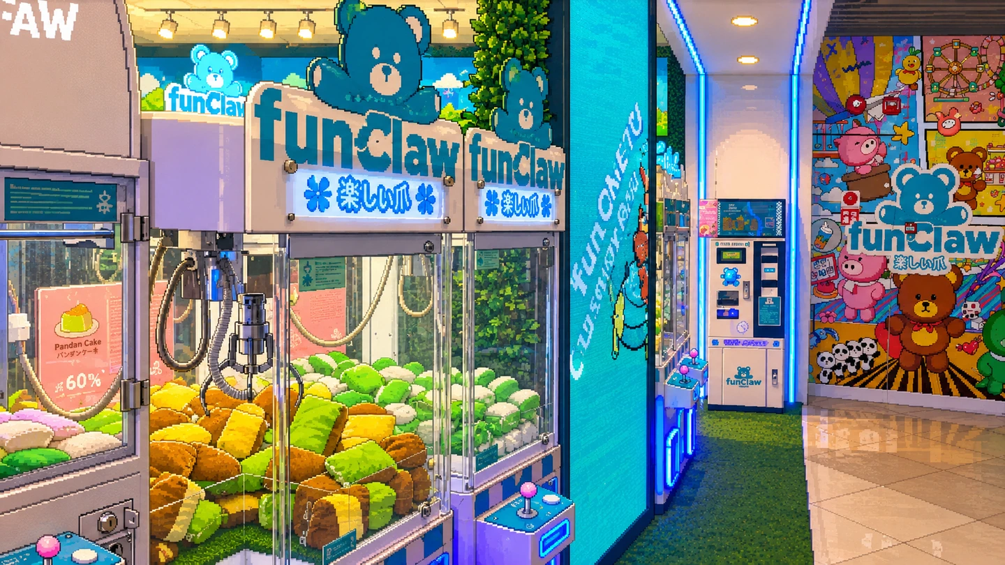 Pixel-art illustration of two Fun Claw cabinets filled with pandan cake plush, the chain sign lit above them and a token machine further down the green-floored aisle.
