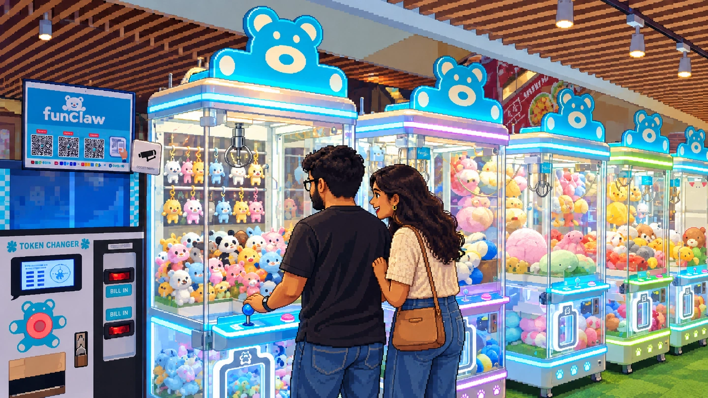 Pixel-art illustration of a couple at a bear-topped Fun Claw cabinet, she looks at him as he works the joystick, with a token changer to the left and a row of lit machines running away behind them.