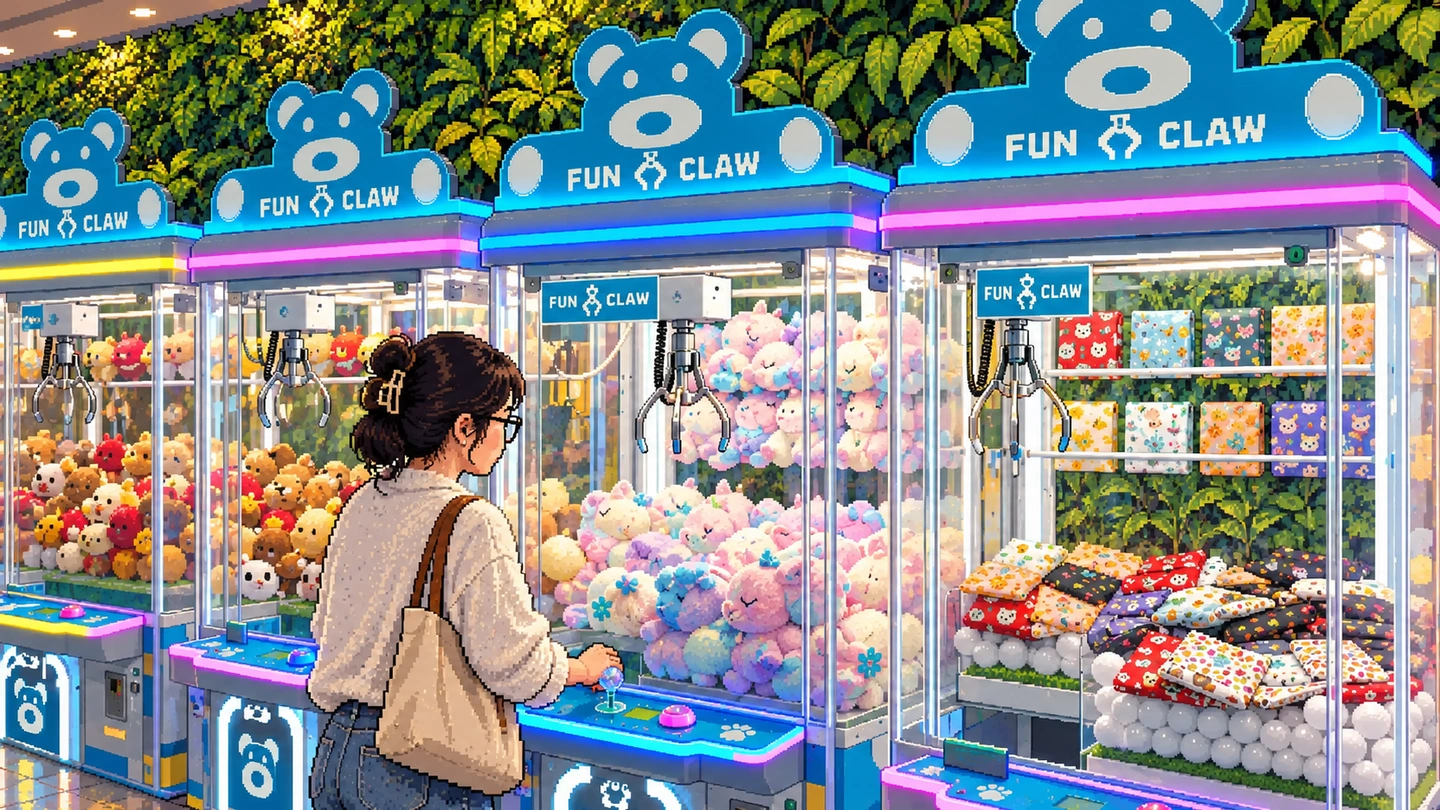 Pixel-art illustration of a woman at the joystick of a Fun Claw cabinet, a row of bear-topped machines beside her holding plush and folded blankets against a wall of foliage.