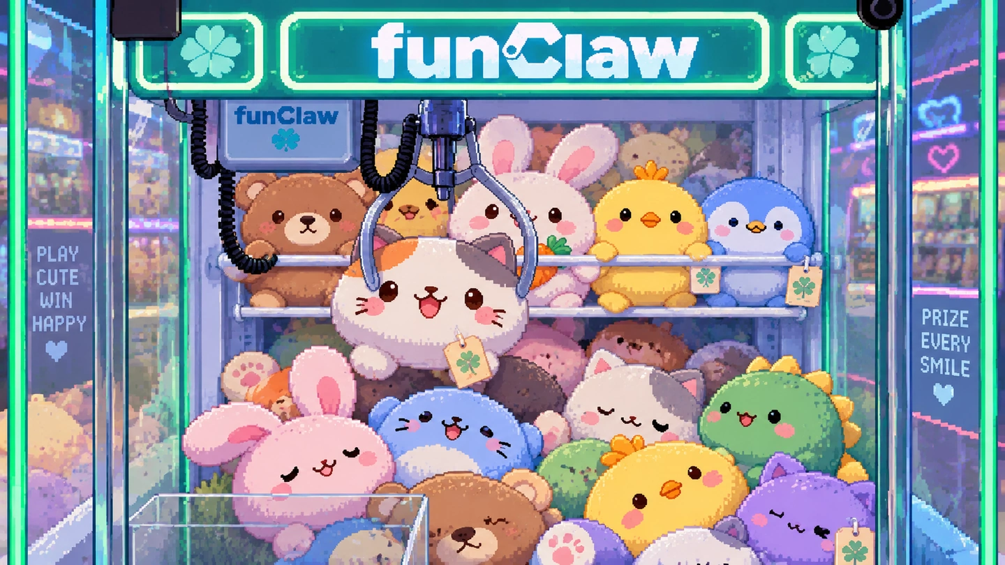 Pixel-art illustration through the glass of a Fun Claw cabinet, the claw lowered over a heap of round plush cats, bears and rabbits with clover tags, the lit wordmark across the top.