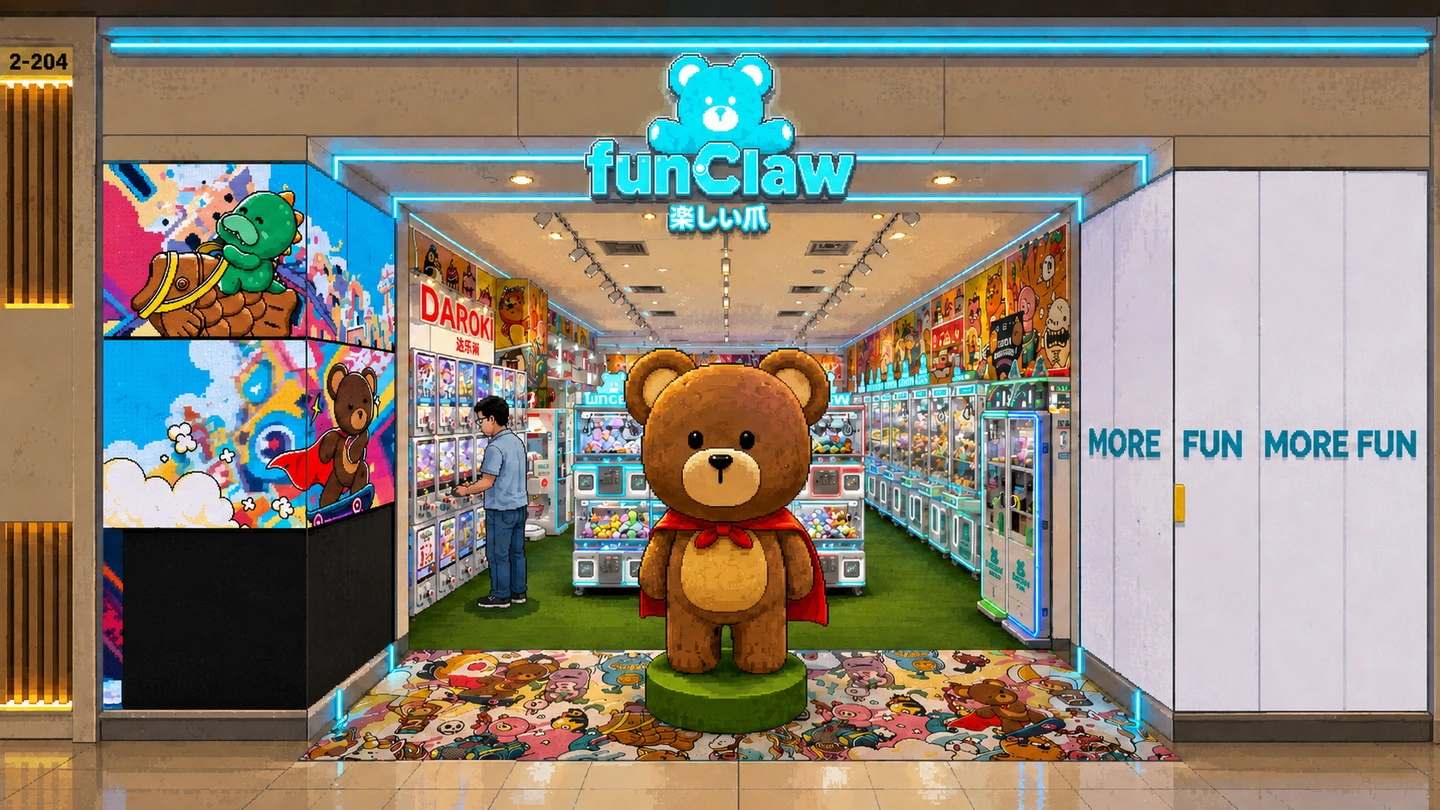 Pixel-art illustration of the Fun Claw shopfront seen from the mall walkway, a large teddy bear in a red cape standing on a plinth at the entrance and rows of lit cabinets running back on both sides.