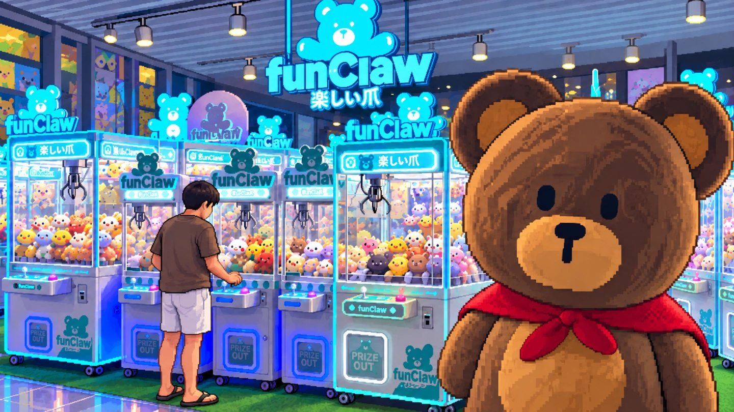 Pixel-art illustration of a boy playing the second in a row of lit Fun Claw cabinets, a giant caped teddy bear standing at the end of the row and the chain sign glowing above.