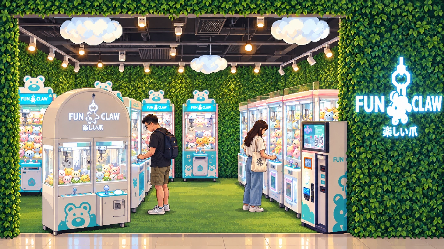 Pixel-art illustration of two people playing claw machines in a Fun Claw shop walled with foliage, cloud-shaped lamps overhead and the lit chain sign on the greenery to the right.
