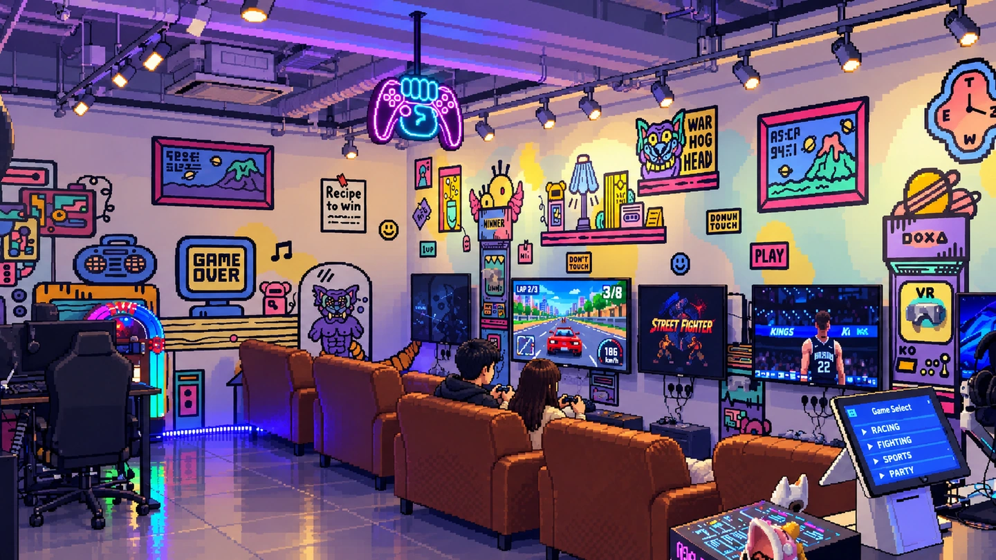 Pixel-art illustration of two people on a brown leather sofa playing a racing game on one of a row of wall-mounted screens, a Game Over sign and bright arcade murals covering the wall around them.