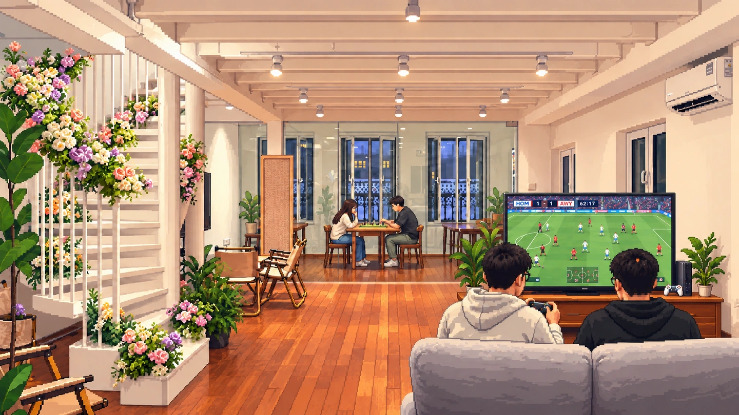 Pixel-art illustration of two people on a sofa playing a football game on a wall-mounted screen, a couple at a board game on a table further back and a flower-covered staircase along the left wall.
