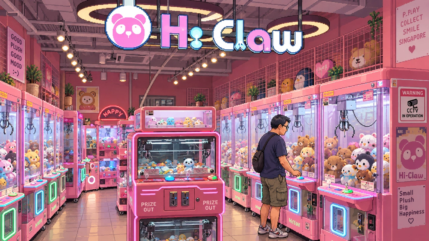 Pixel-art illustration of a man playing one of the pink claw machines lining both walls of an H:Claw shop, a double-decker cabinet in the aisle and the pink bear sign hanging from the ceiling.