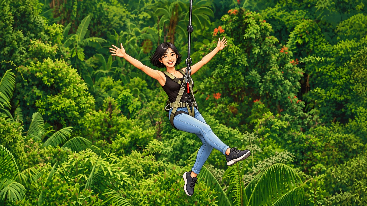 Pixel-art illustration of a woman in a climbing harness flying down the MegaZip line with her arms flung wide, dense green jungle canopy below her.