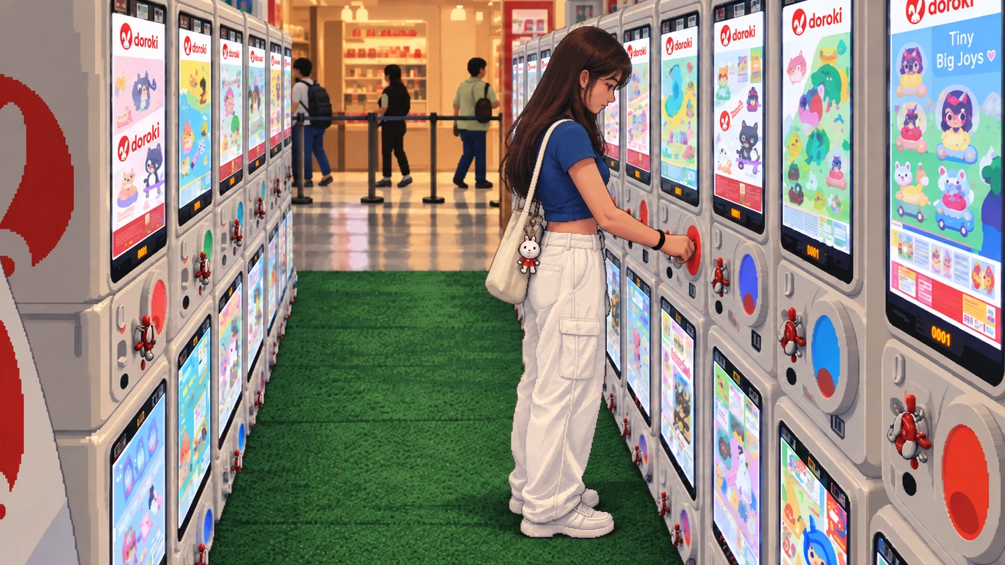 Pixel-art illustration of a woman pressing the dial on one of two facing walls of Odoroki capsule machines, a green turf aisle between them and the mall beyond.