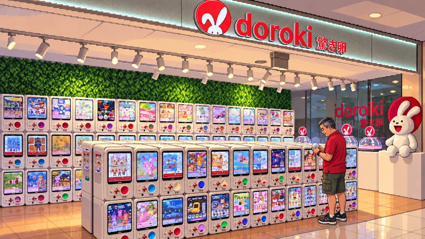 Pixel-art illustration of a man in a red polo shirt opening a capsule beside a long bank of Odoroki capsule machines, the lit shop sign and a giant white rabbit mascot behind him.