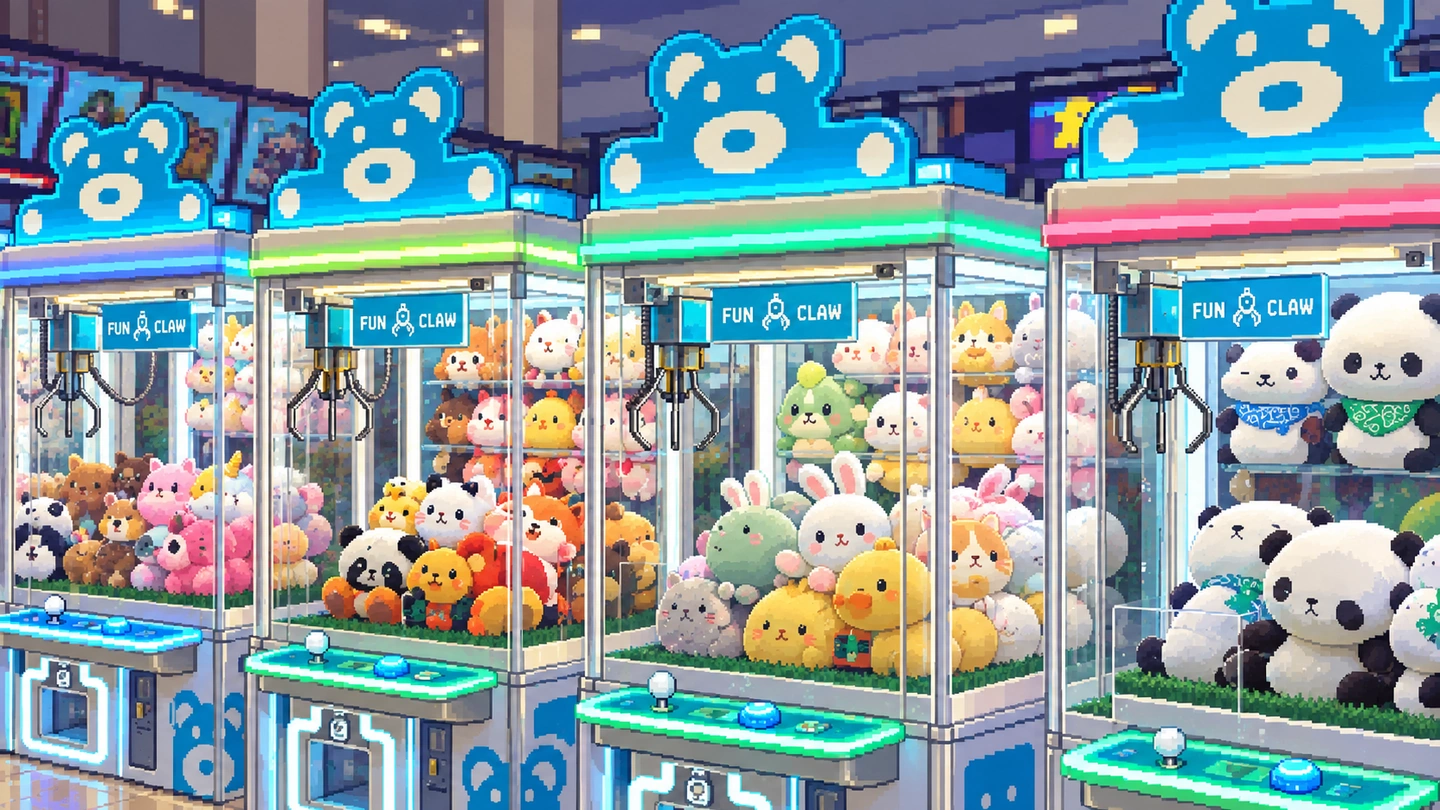 Pixel-art illustration of four bear-topped Fun Claw cabinets side by side, each packed with plush animals and a claw poised above them, the last one holding pandas.
