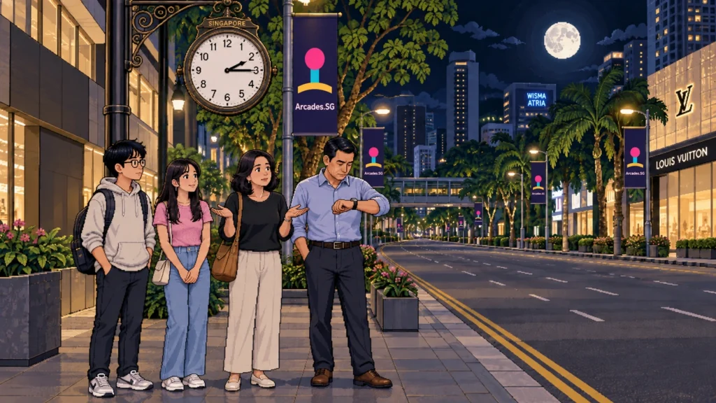 Pixel-art illustration of a family of four standing on an empty Orchard Road pavement at night under a full moon, a street clock above them reading a quarter past two while the father checks his watch.
