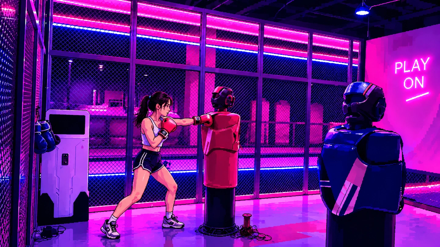 Pixel-art illustration of a woman in boxing gloves punching a padded training dummy in a neon-lit gym, a second dummy beside her and a PLAY ON sign glowing on the pink wall behind.
