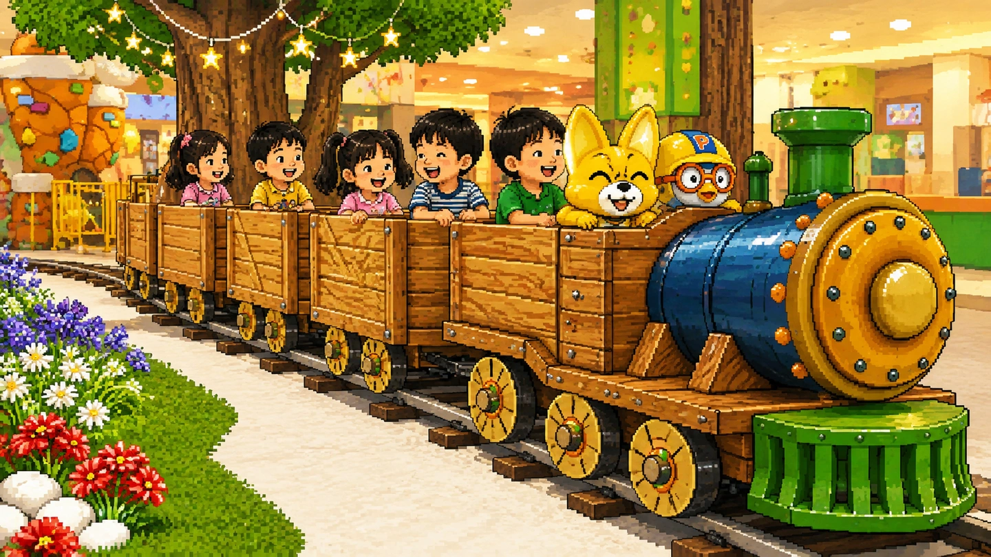 Pixel-art illustration of five children riding a wooden miniature train past a flower bed, two large cartoon characters seated in the front carriage and fairy lights strung through the tree above.