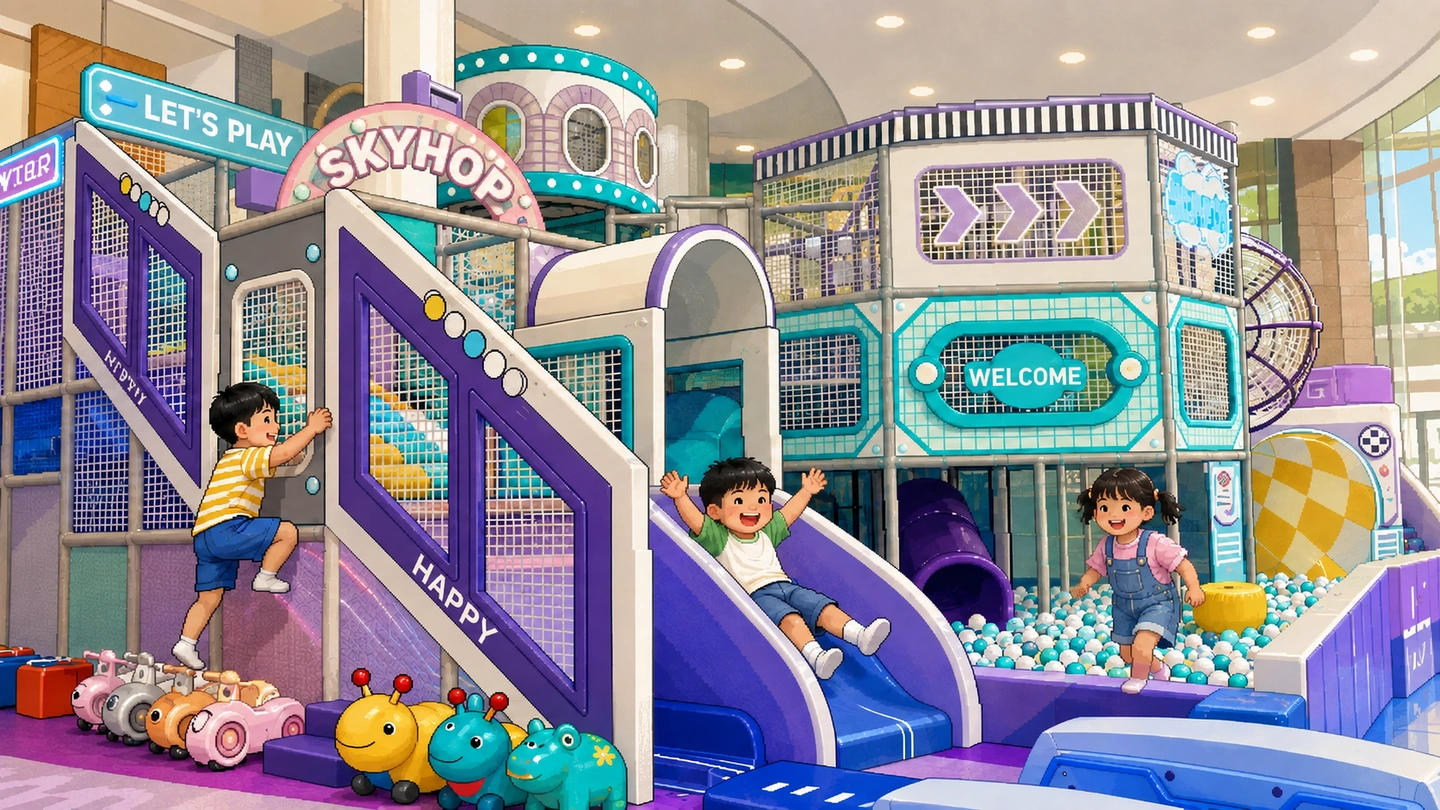 Pixel-art illustration of three young children on a multi-level indoor play frame, one climbing, one coming down the slide with both arms up and one running beside the ball pit, ride-on toys parked along the front.