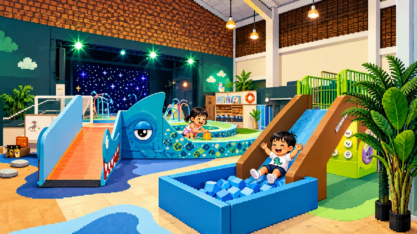 Pixel-art illustration of a boy sliding into a pit of soft blue blocks and a girl playing beside a whale-shaped ramp, a small stage with a starry backdrop behind them under the high brick walls.