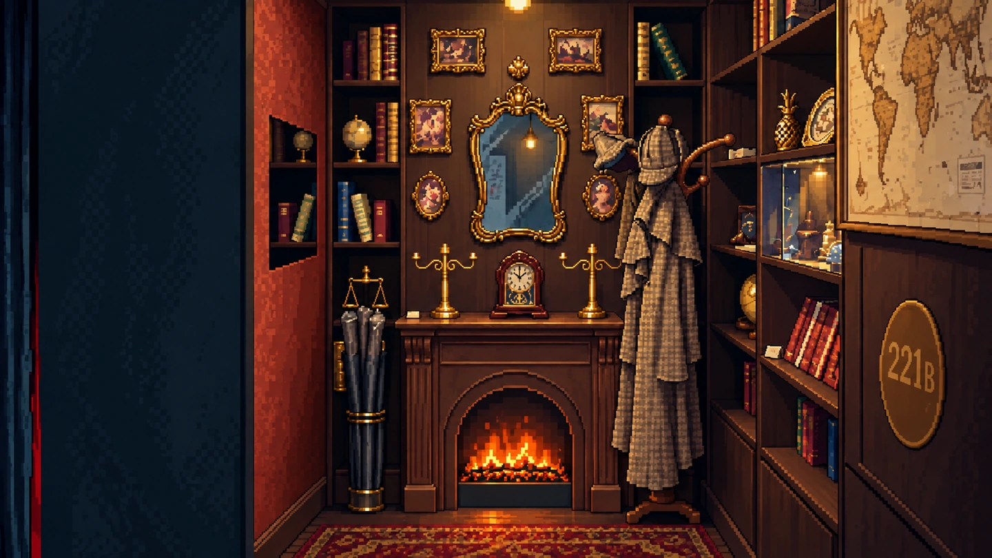 Pixel-art illustration of a Victorian study with a lit fireplace, a mantel clock between brass candlesticks, a deerstalker and caped coat on the stand and a 221B plaque on the bookcase.