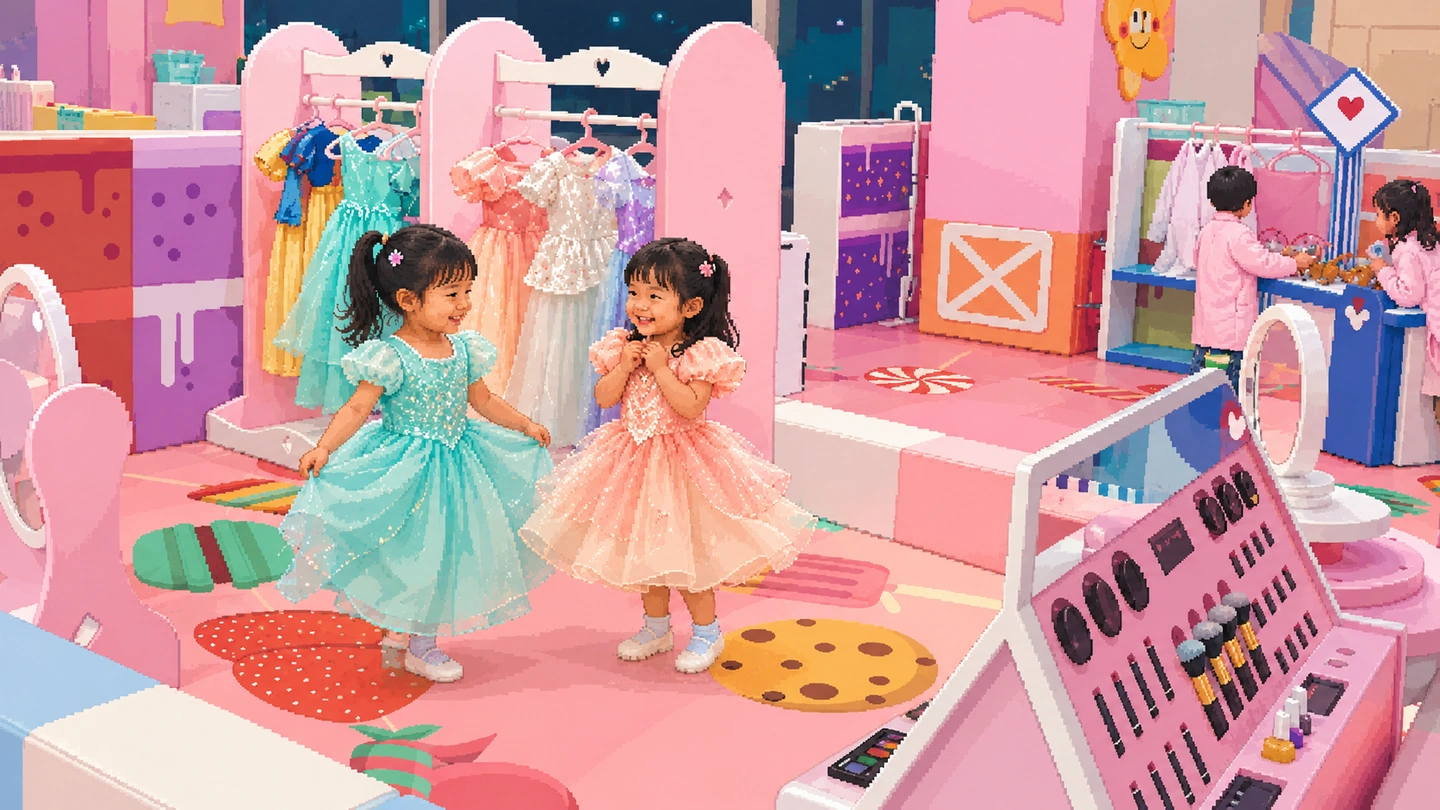 Pixel-art illustration of two small girls in sequinned party dresses turning to face each other in a dress-up corner, costume rails behind them and a toy make-up counter in the foreground.