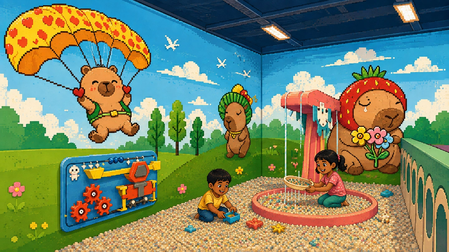 Pixel-art illustration of two children playing in a dry sand pit of pale beads, one filling a truck and one holding a sieve under a pouring tower, painted capybaras across the meadow mural behind them.