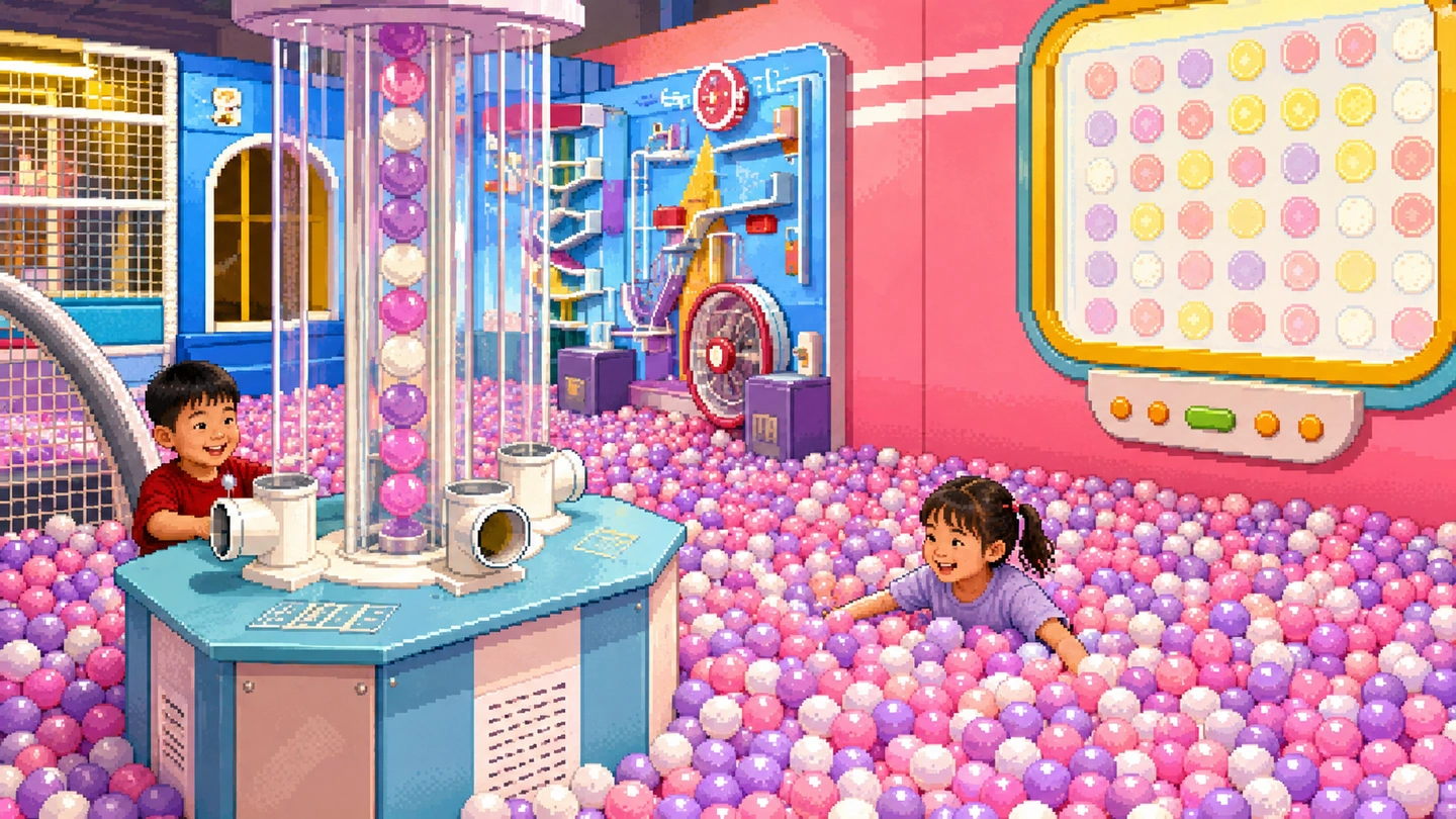 Pixel-art illustration of a boy feeding balls into an air cannon at the edge of a deep pink and purple ball pit while a girl wades through it towards him, a lit peg wall on the far side.