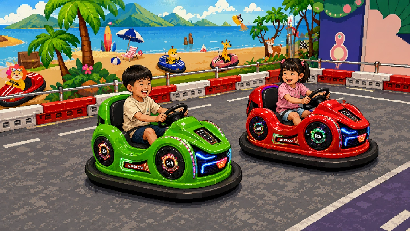 Pixel-art illustration of a boy and a girl driving green and red bumper cars towards each other on a marked-out floor, crash barriers along the edge and a painted beach scene on the wall behind.
